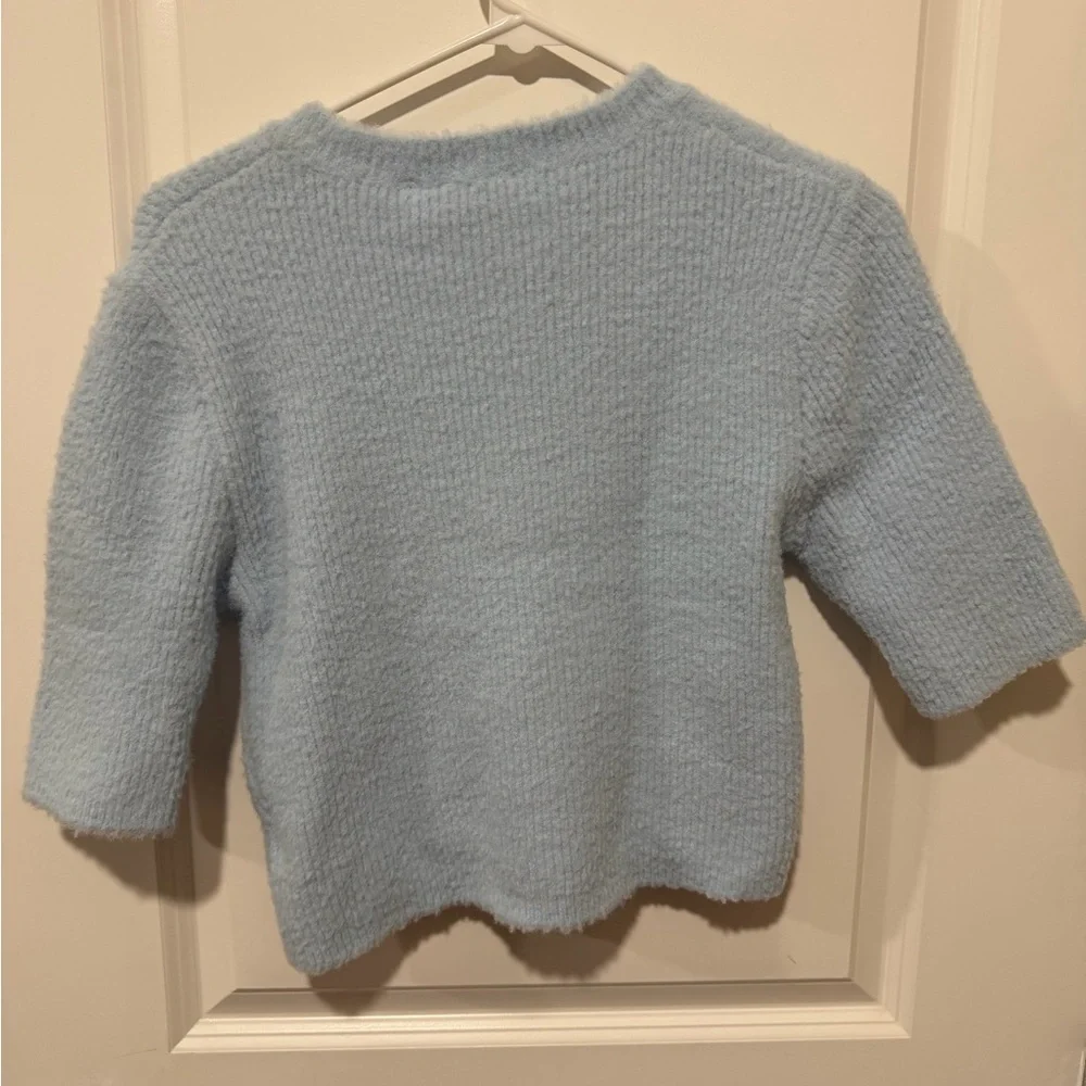 House of Harlow 1960 Blue Cropped Cardigan Short Sleeve Pearl Rhinestone Button - Picture 2 of 13